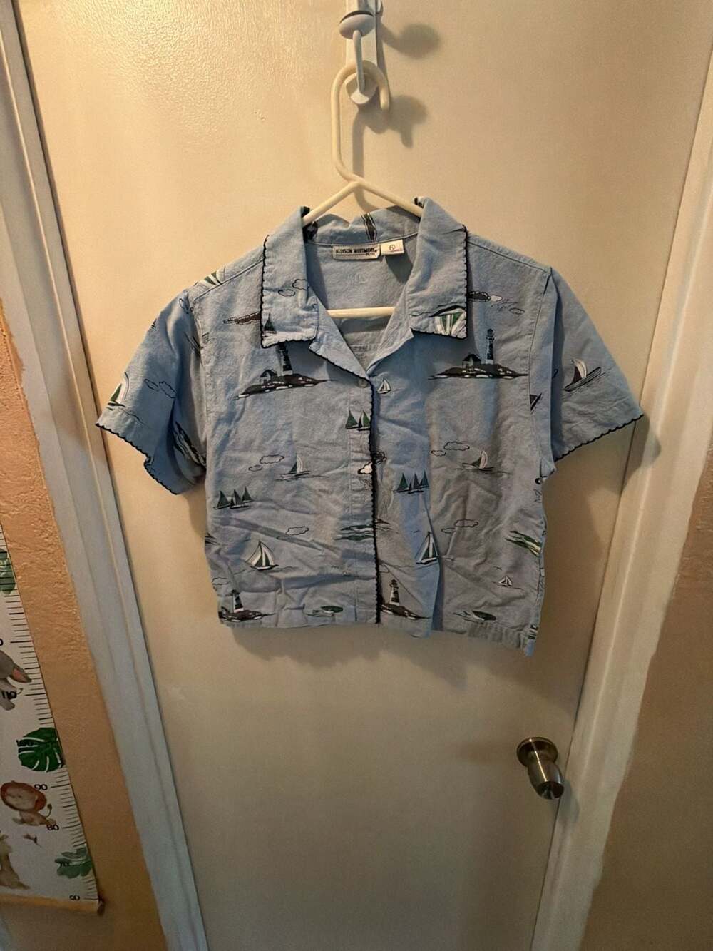 Allyson Whitmore Petite Light Blue Nautical Sailboat Lighthouse Button-Up